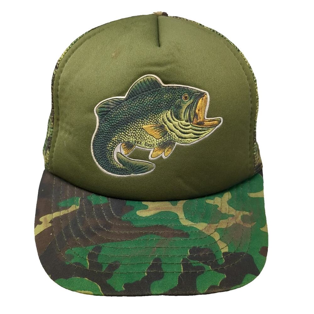 San Sun Trucker Hat Green One Size Bass Fish Camo Mesh Snapback Hunting